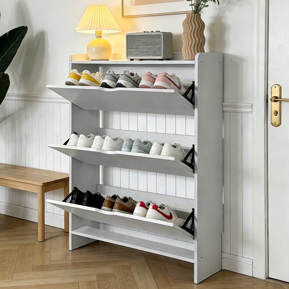 Jacgood Narrow Shoe Cabinet with 3 Flip Drawers, MDF Freestanding Entryway Organizer with Baseboard Gap, White Modern Storage for Small Spaces