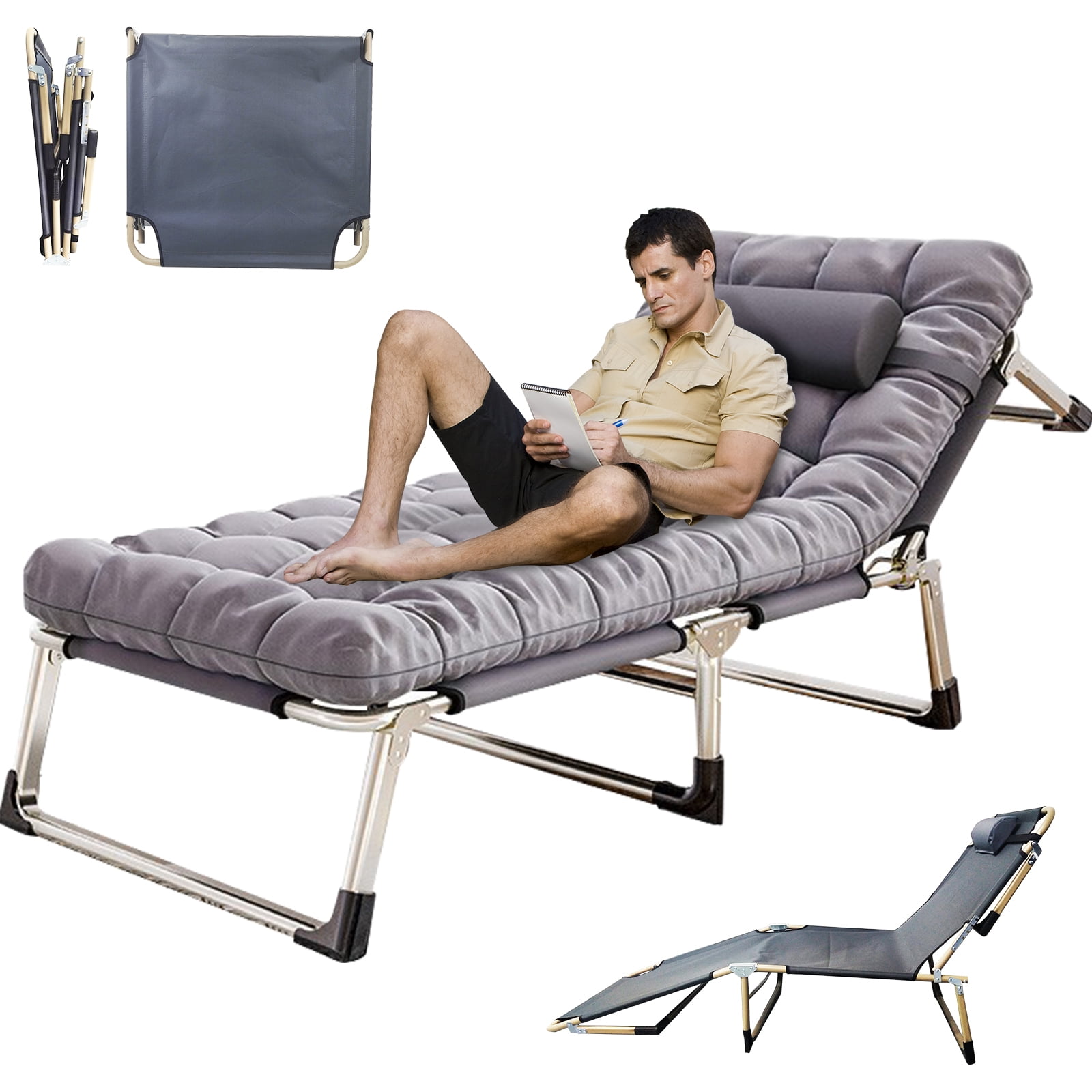 JSTUOKE 5-Fold Camping cot for Adults & Kids, Adjustable Folding Bed Reclining Folding Lounge Chairs with Pillow and Pearl cotton pad, Portable Intdoor Folding Sleeping Cots Bed