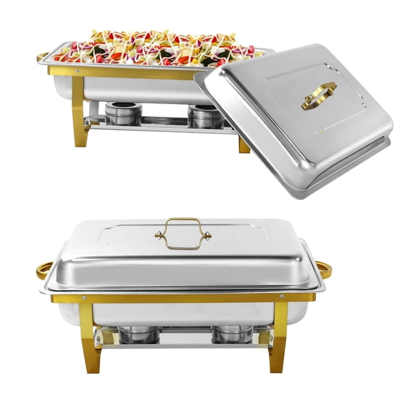 Jacgood Rectangle Golden Chafing Dish Buffet Set, 8Qt 2 Pack Full Pan Stainless Steel Catering Warmer Set with Water Pan for Home Party, Buffets, Wedding, Banquet, Catering Events