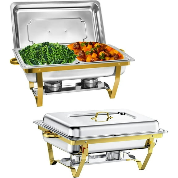 Jacgood Rectangle Golden Chafing Dish Buffet Set Half Pan, 8Qt 2 Pack Stainless Steel Catering Warmer Set with Water Pan for Home Party, Buffets, Wedding, Banquet, Catering Events