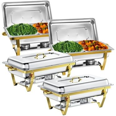 Jacgood Rectangle Golden Chafing Dish Buffet Set Half Pan, 8Qt 4 Pack Stainless Steel Catering Warmer Set with Water Pan for Home Party, Buffets, Wedding, Banquet, Catering Events