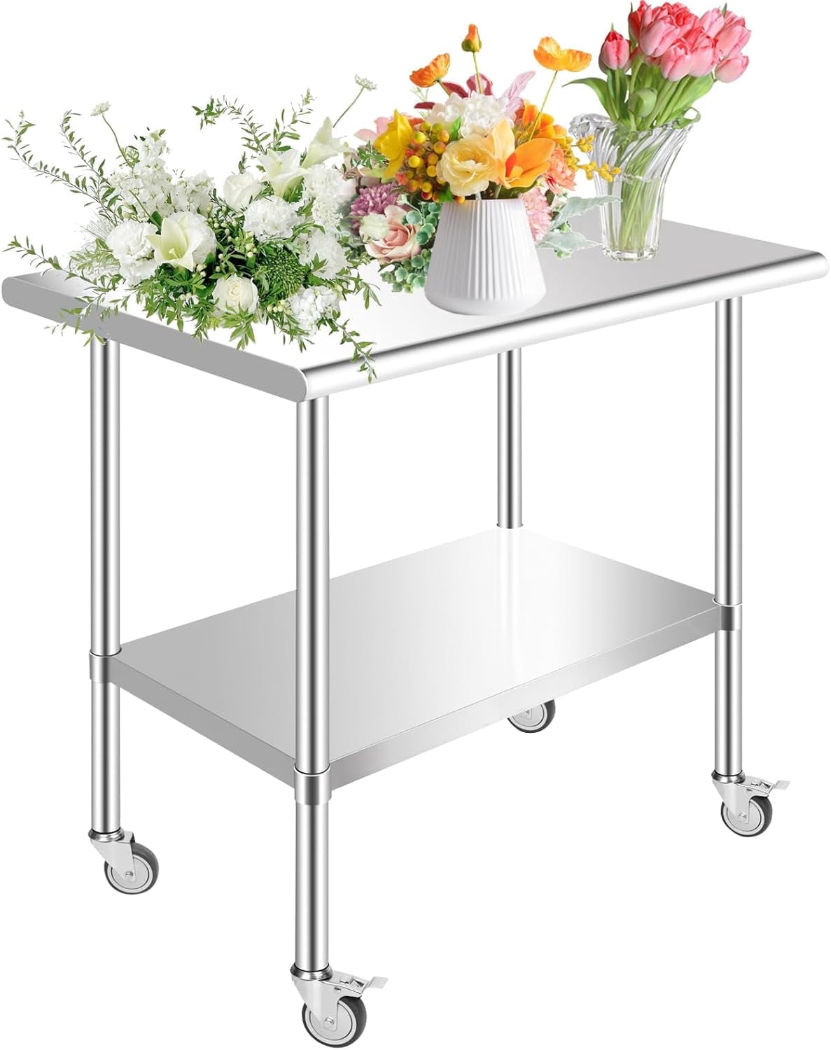 Jacgood Stainless Steel Prep Table, 36 x 24 x 35 inch, 360lbs Load Capacity Heavy Duty Metal Worktable with wheels and Adjustable Undershelf, Commercial Workstation for Kitchen Restaurant