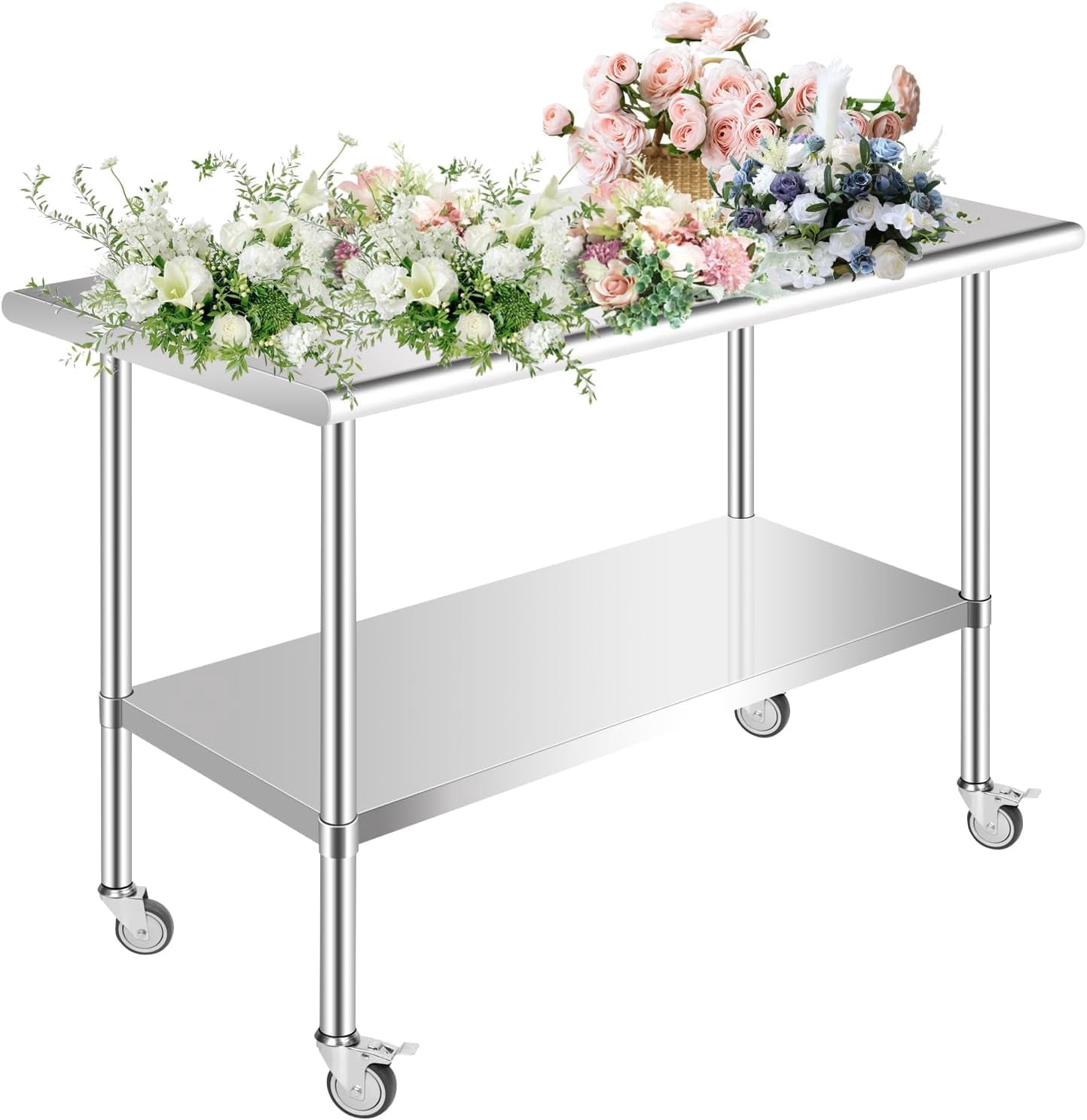 Jacgood Stainless Steel Prep Table, 48 x 24 x 35 inch, 360lbs Load Capacity Heavy Duty Metal Worktable with wheels and Adjustable Undershelf, Commercial Workstation for Kitchen Restaurant