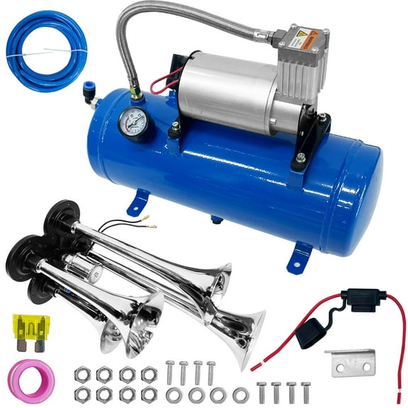 Jacgood Train Horn Kit 12V 150DB 120PSI 4-Trumpet Chrome Air Horn Compressor 6L Tank Train Air Compressor Kits For Any Vehicle Truck Car Jeep SUV