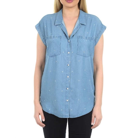 Jachs Girlfriend Ladies Tencel Blouse- Denim Palm Tree Print - Size Small