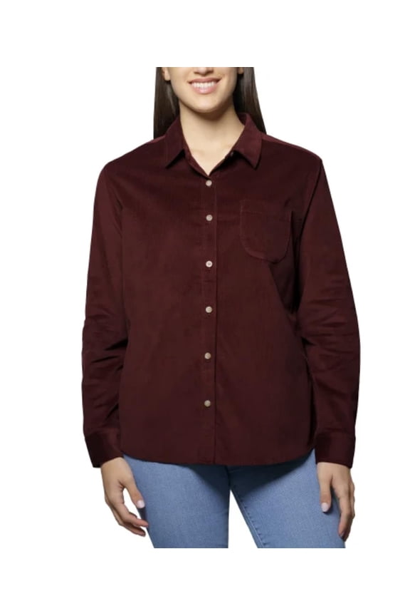 New York Women's Long Sleeve Mini Corduroy Button Up Shirt (US, Alpha, Small, Regular, Regular, Red)