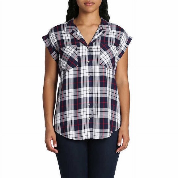 Jachs Girlfriend Women's V-Neck Collar Short Sleeve Button Down Top Blouse-Navy / XXL