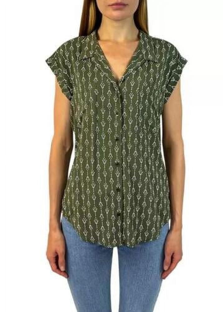 Jachs Girlfriend Womens Button Front Blouse,Green Geo Print,Small