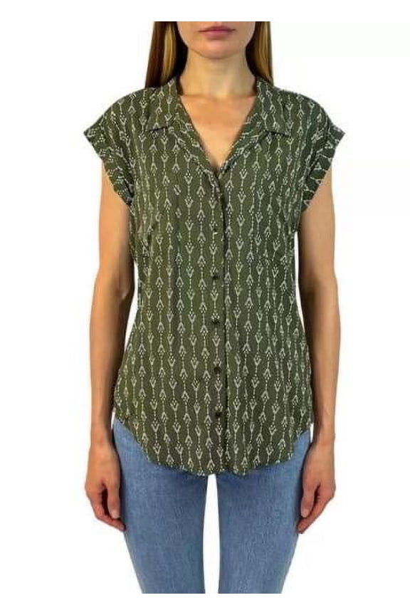Womens Button Front Blouse,Green Geo Print,Small