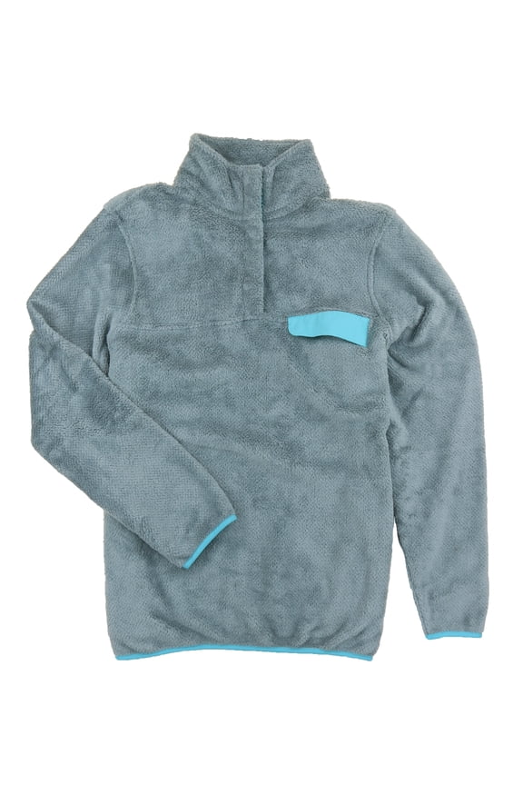 Womens Cabin Sherpa Fleece Mock Neck Pullover Sweater with Chest Pocket (Grey/Aqua, Medium)