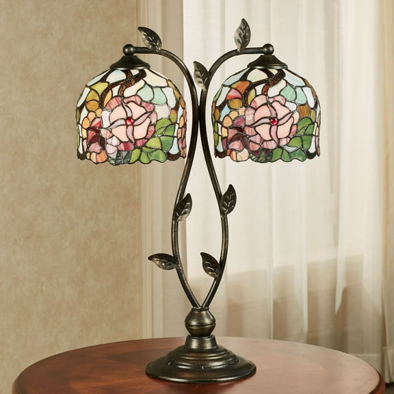 Jacinthia Floral Stained Glass Double Shade Table Lamp - Red Flowers, Pink - Handcrafted - Painted by Hand - Two Lampshades - Tiffany Style Lamps for Bedroom Desk - 24.5 Inches High