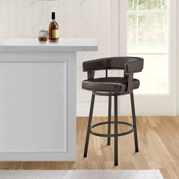 Jack 26 Inch Counter Height Bar Stool, Swivel Chair, Faux Leather, Brown- Saltoro Sherpi