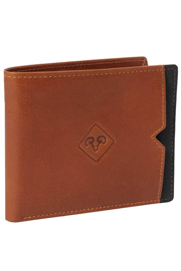 Mens Genuine Goat Nappa Leather Bi-Fold RFID Front Pocket Wallet (Cognac/Black)