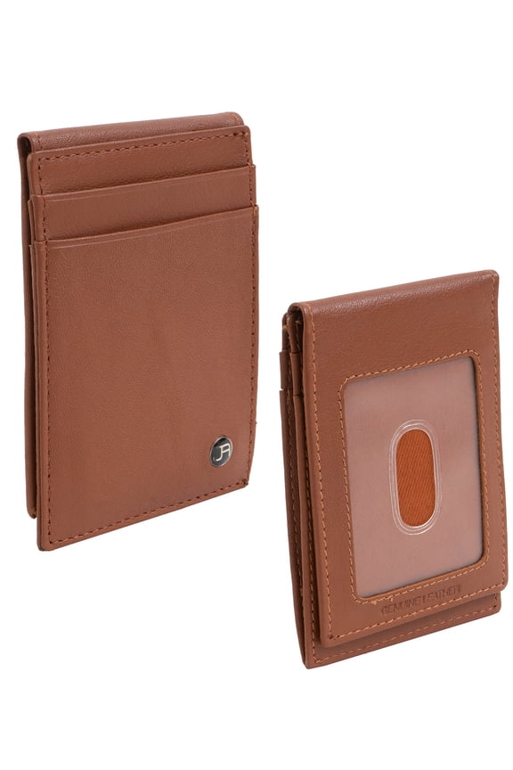 Mens Genuine Goat Nappa Leather Bi-Fold RFID ID Magnetic Money Clip Holder Wallet (Cognac)