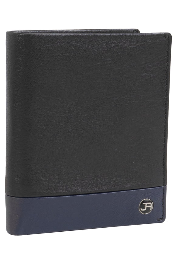 Mens Genuine Goat Nappa Leather Bi-Fold RFID Wallet With ID Window Pocket (Black/Navy)