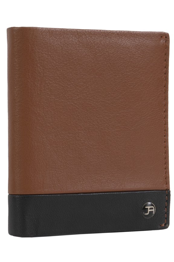 Mens Genuine Goat Nappa Leather Bi-Fold RFID Wallet With ID Window Pocket (Cognac/Black)