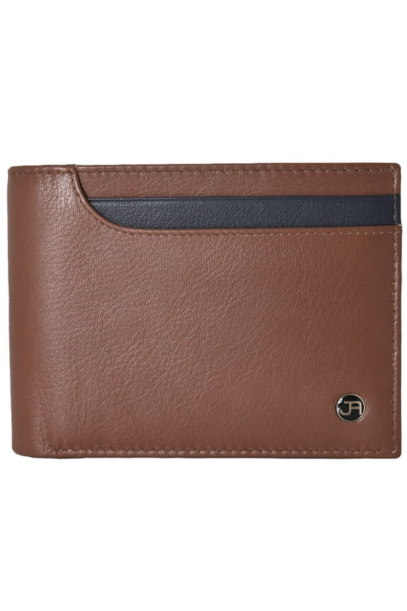 Mens Genuine Goat Nappa Leather Bi-Fold Top Front Pocket RFID Wallet (Cognac/Black)