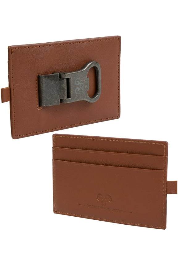 Mens Genuine Goat Nappa Leather Card Case RFID Wallet With Removable Money Clip Bottle Opener (Cognac)