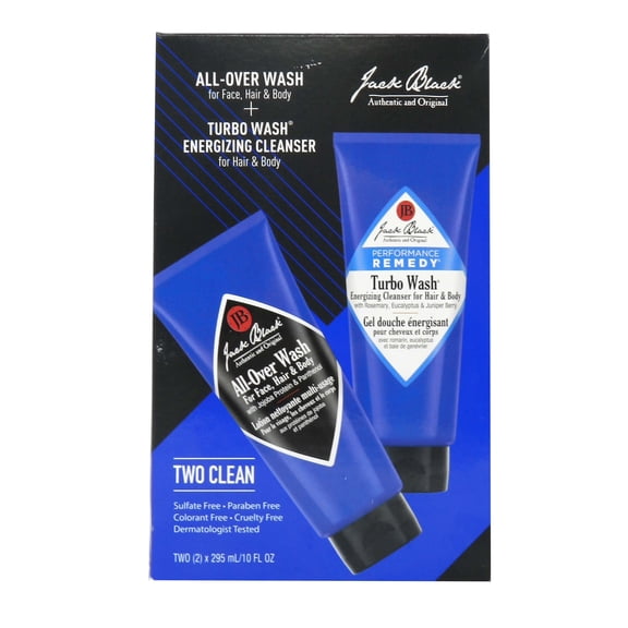 Jack Black Two Clean: 1 Turbo Wash, 10 oz, & 1 All Over Wash, 10 oz, Energizing Cleanser for Hair & Body