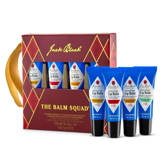 Jack Black The Balm Squad 4-Piece Lip Balm Holiday Set | Natural Mint, Spiced Citrus, Mulled Cider & Hot Buttered Rum
