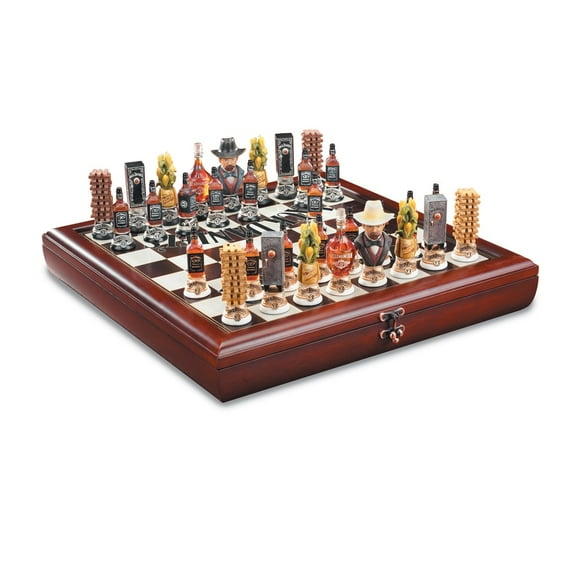 Jack Daniel's Hand Finished Wooden Lynchburg Chess Set with Cast Resin Detailed Chessmen That Store Inside Board Q-GM16115