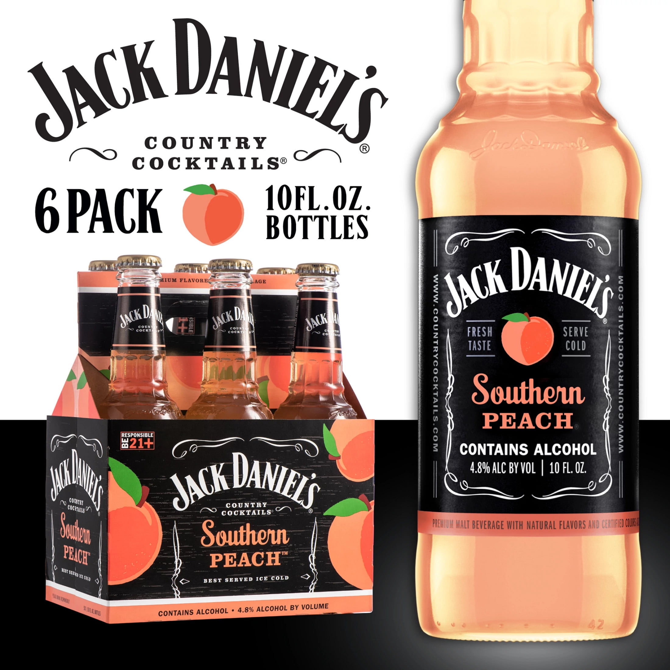 Jack Daniel's Southern Peach Malt Beverage, 6 Pack, 10 fl oz Bottle, 4.8% ABV