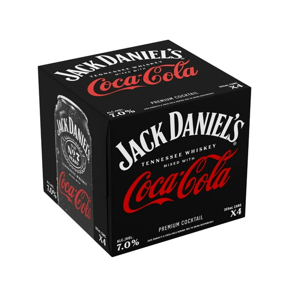 Jack Daniel's Tennessee Whiskey and Coca-Cola Ready to Drink Whiskey Cocktail, 4 Pack, 355 mL Can
