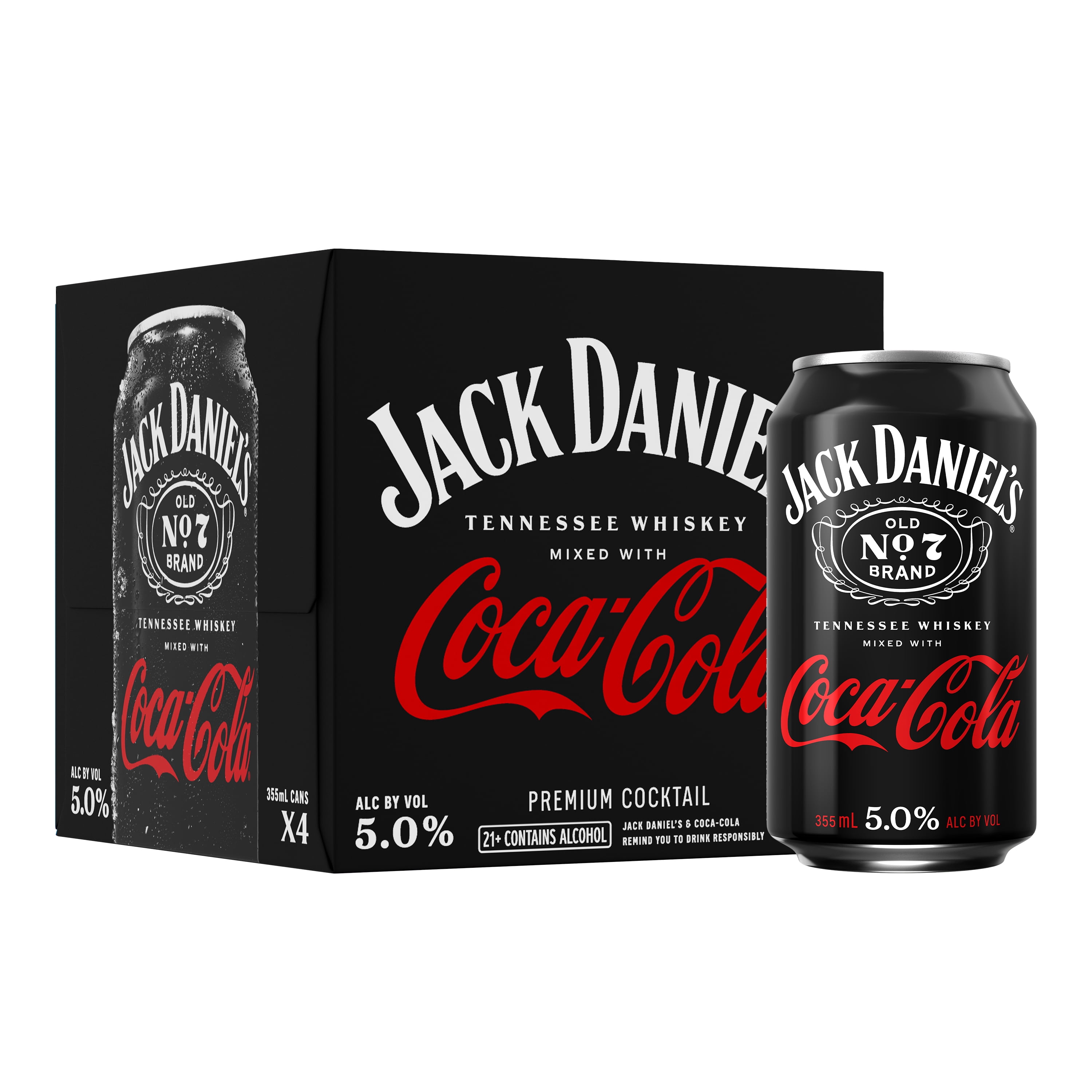 Jack Daniel's Tennessee Whiskey and Coca-Cola Ready to Drink Canned Cocktail, 4 Pack, 355 ml Cans, 5% ABV