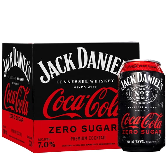 Jack Daniel's Tennessee Whiskey and Coca-Cola Zero Sugar Ready to Drink Whiskey Cocktail, 355 ml Cans, 4 pack