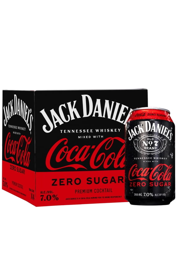 Tennessee Whiskey and Coca-Cola Zero Sugar Ready to Drink Whiskey Cocktail, 355 ml Cans, 4 pack