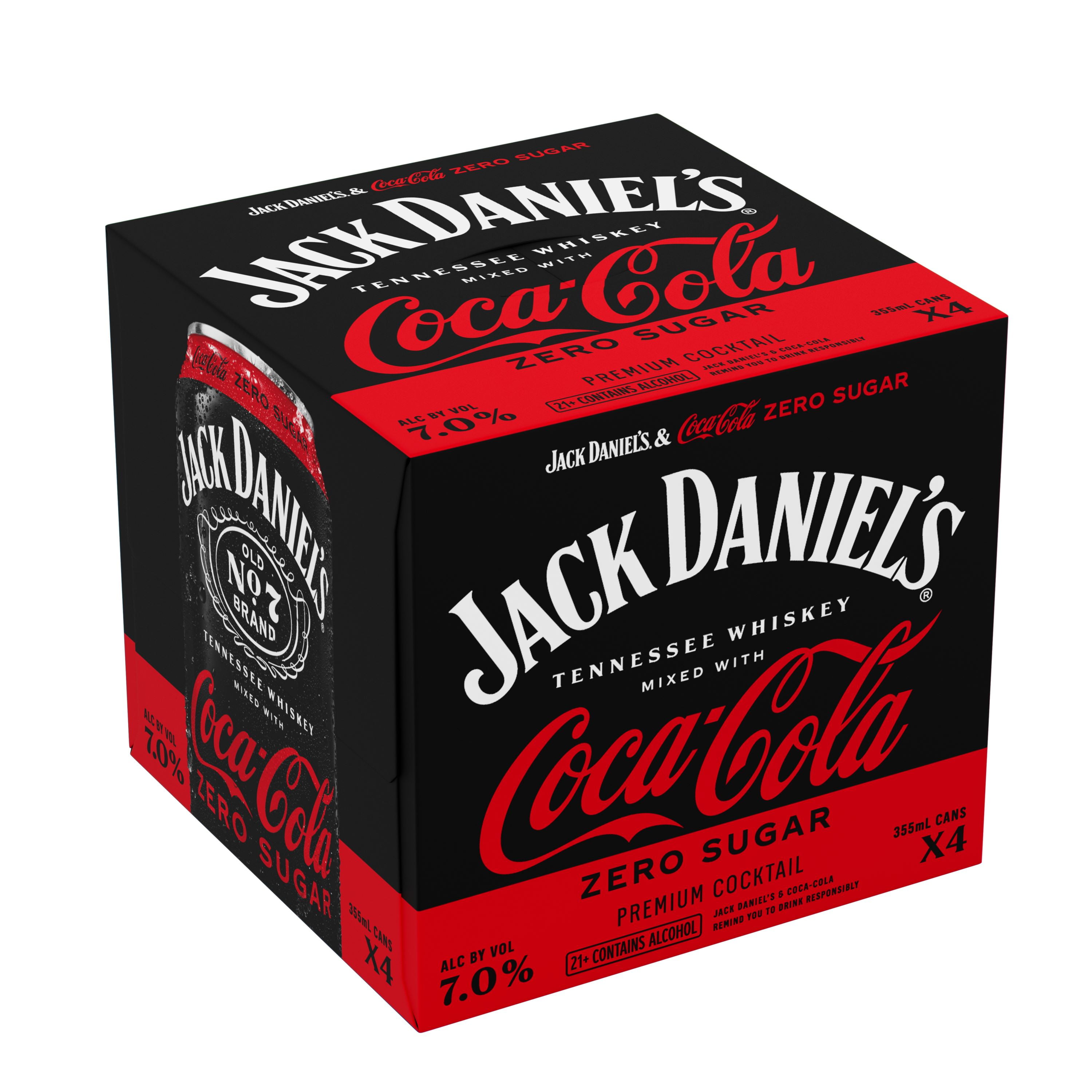 Jack Daniel's Tennessee Whiskey and Coca-Cola Zero Sugar Ready to Drink Whiskey Cocktail, 355 ml Cans, 4 Pack