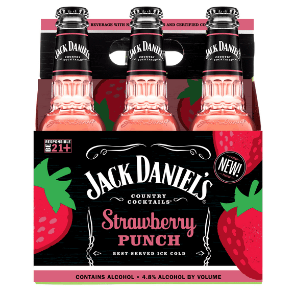 Jack Daniel's Country Cocktails Strawberry Punch 6 Pack, 10 fl oz Glass Bottles, 4.8% ABV, Domestic FMB