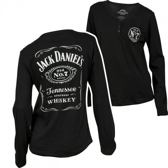 Jack Daniels 870341-small Jack Daniels Label Womens Long Sleeve Henley Shirt, Black - Small