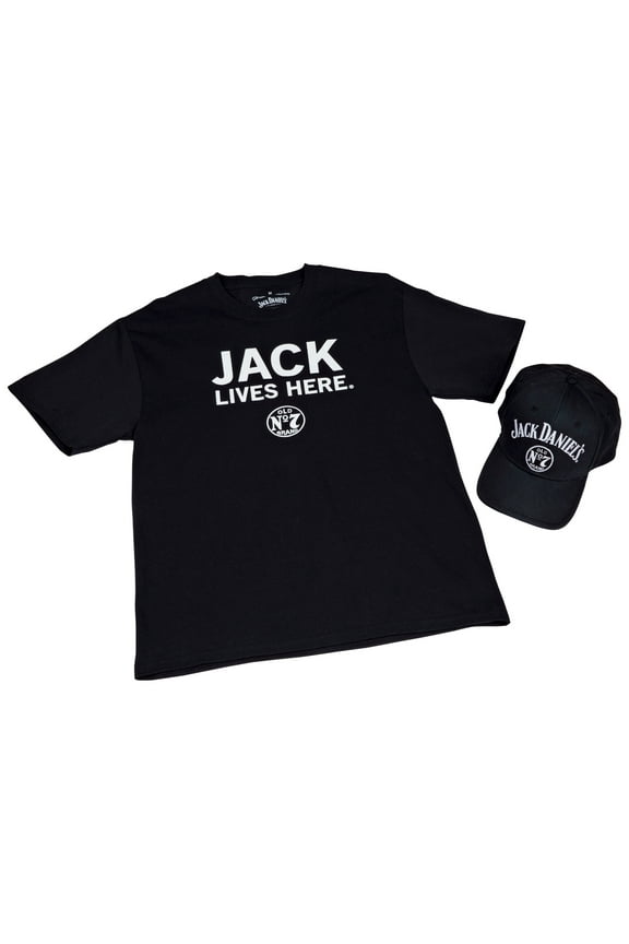 Jack Daniels Men's Jack Lives Here S/S T-Shirt & Old No. 7 Cap - Black (M)