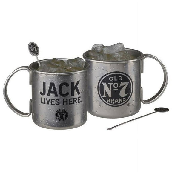 Jack Daniels Tennessee Moscow Mule Mug Set (2) Stainless Steel 16oz. Whiskey Bar