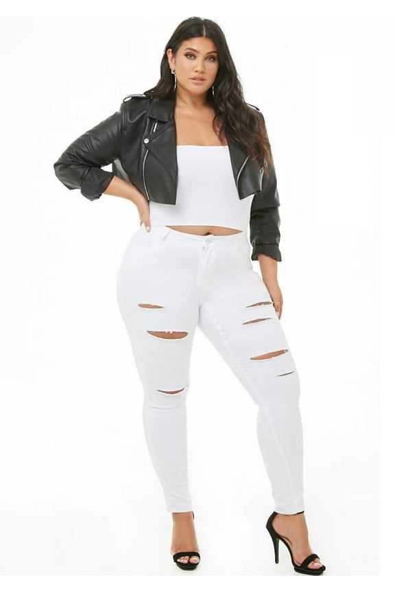 BQ6008-R Womens Plus Size Stretch Distressed Ripped Skinny Twill Jeans Pants