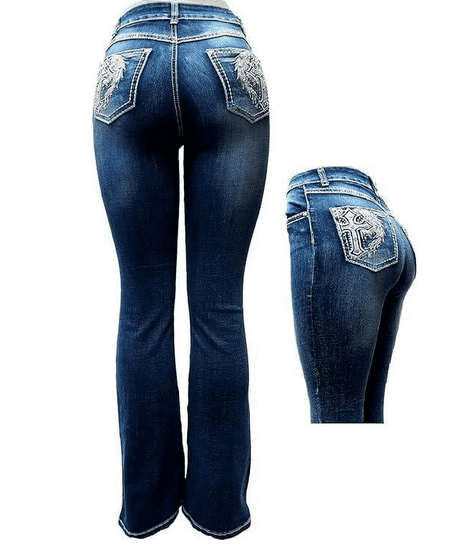 LA Idol Women's Rhinestone Mid Rise Bootcut Jeans, Spandex