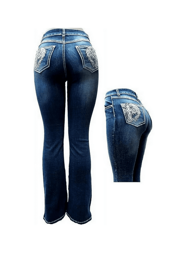 H&Y Rhinestone Studded Denim Bootcut Flap Pocket Jeans (Bootcut Blue HY-512)