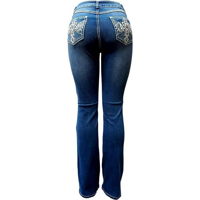 Jack David/H&Y Women's Rhinestone Bootcut Stretchy Denim Jeans