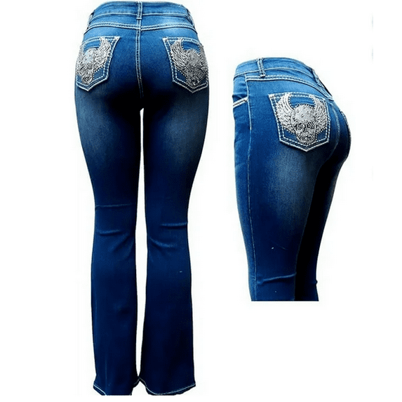 Jack David H&Y Women's Rhinestone Mid Rise Bootcut Stretchy Denim Jeans Pants (Bootcut Blue HY-516)