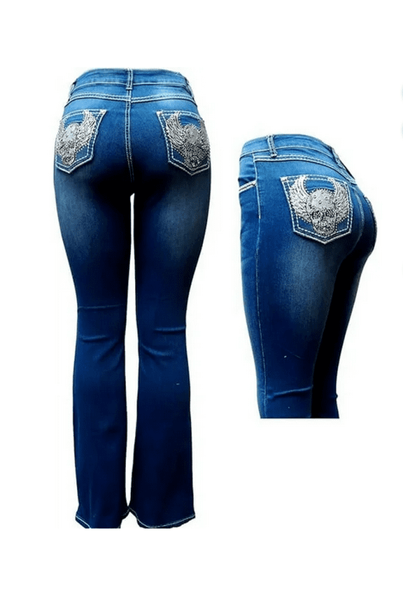 H&Y Women's Rhinestone Mid Rise Bootcut Stretchy Denim Jeans Pants (Bootcut Blue HY-516)