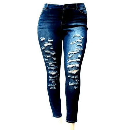 Jack David Jeans Womens Plus Size Distressed Ripped Blue Denim Skinny Jeans Pants (90071XL)