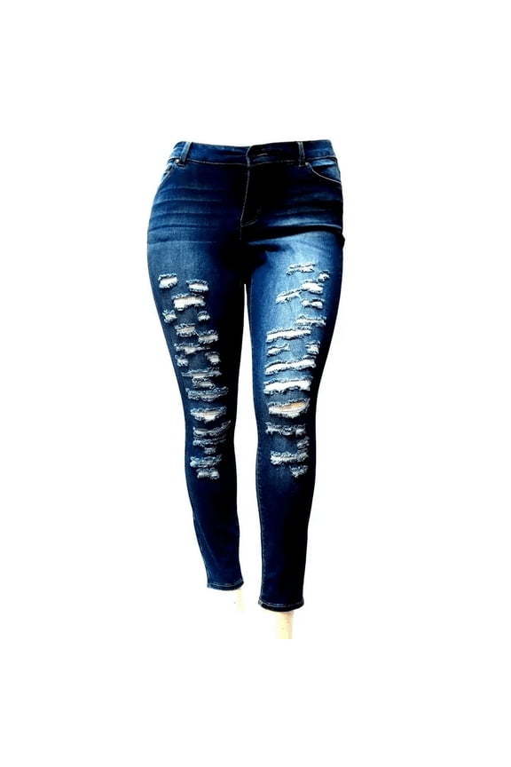 Jeans Womens Plus Size Distressed Ripped Blue Denim Skinny Jeans Pants (90071XL)