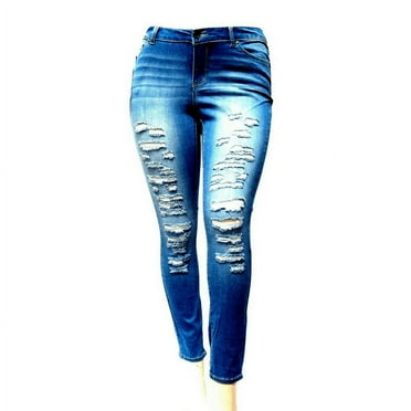 Jack David Jeans Womens Plus Size Distressed Ripped Blue Denim Skinny Jeans Pants (90071XL)