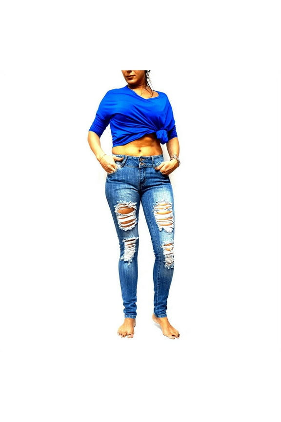 Juniors Womens Blue Denim Jeans Destroy Skinny Ripd Distressed Pants
