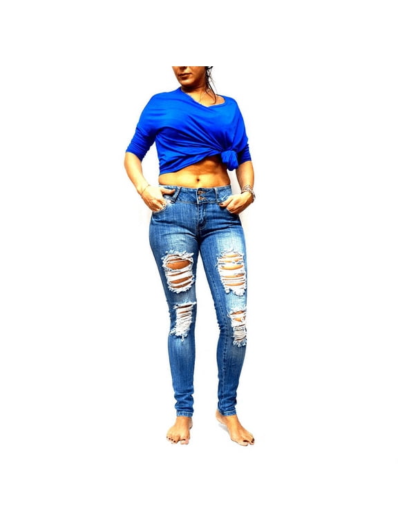 Juniors Womens Blue Denim Jeans Destroy Skinny Ripd Distressed Pants