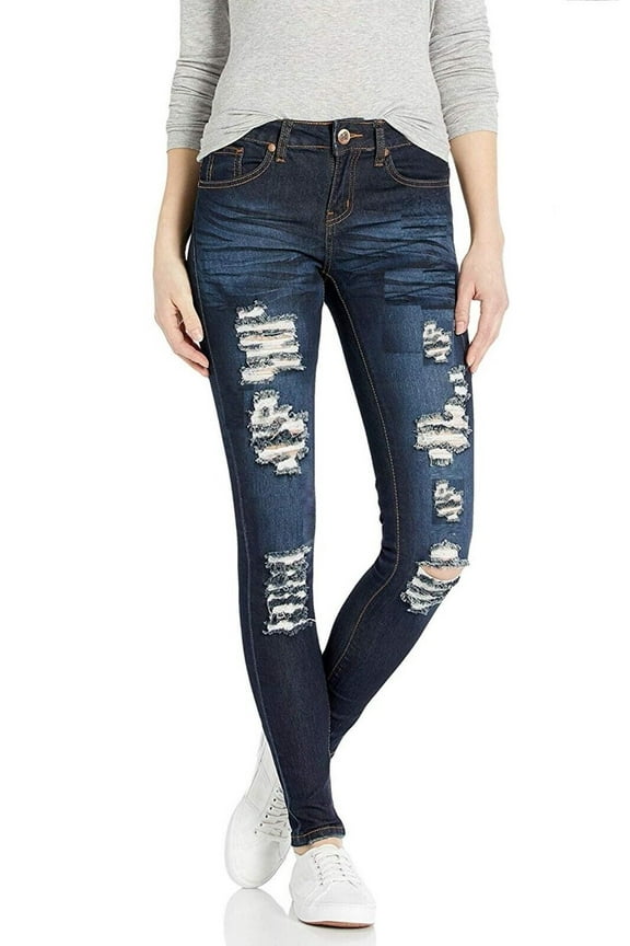 Juniors Womens Blue Denim Jeans Destroy Skinny Ripd Distressed
