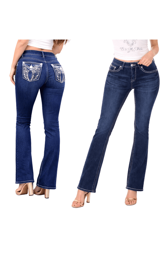 Women's Rhinestone Mid Rise Bootcut Stretchy Denim Jeans Pants (Bootcut Blue 724-pb)