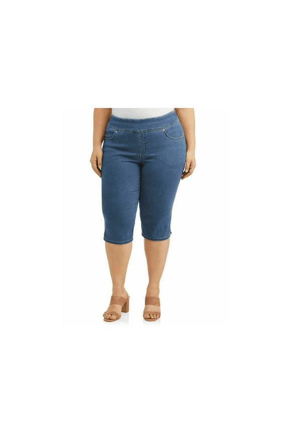 WOMENS PLUS SIZE Elastic Waist Pull On Stretch DENIM CAPRI JEANS