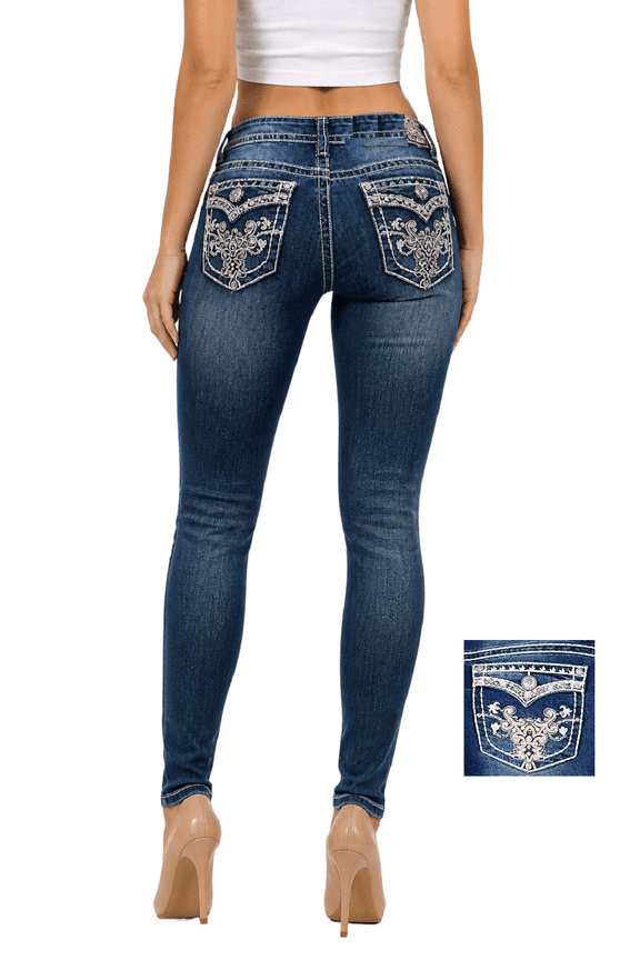 Premium Women's Bootcut Rhinestone Mid Rise Bootcut Stretchy Denim Jeans Pants